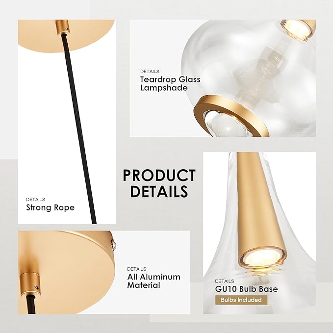 1-Light Teardrop Pendant Light, Brass Gold Ceiling Hanging Light Fxitures, LED Light Fixtures Ceiling Glass Pendant Lighting for Kitchen Island Dining Room Bar