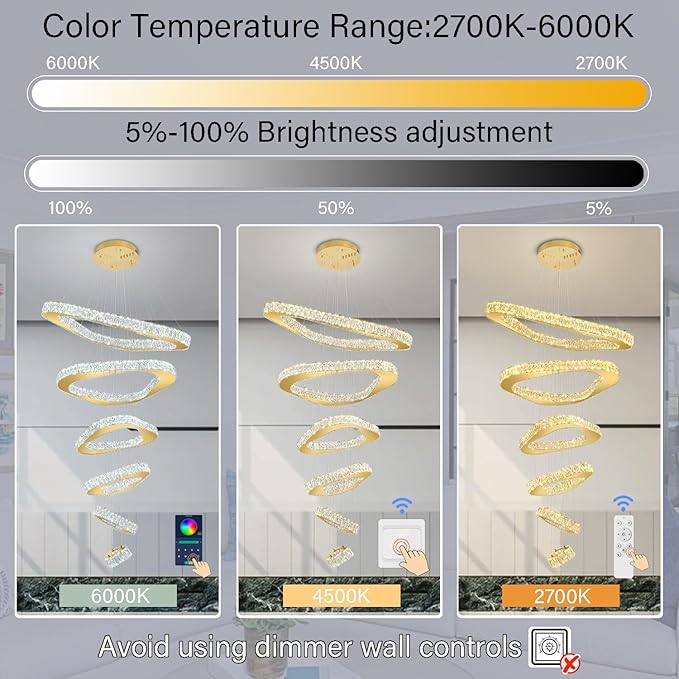 Modern Crystal Chandeliers for High Ceiling 6 Ring Chandelier LED Gold Ceilings Lights Fixtures High Ceiling Chandelier for Foyer Staircase Living Room Dining Room 2700K-6000K