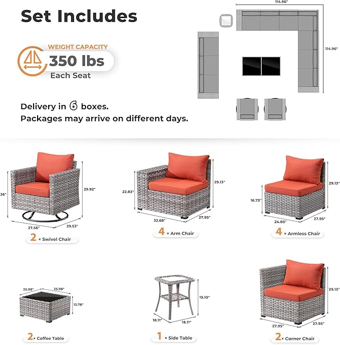 ovios 15 Pieces Patio Furniture Set, Outdoor Wicker Sectional Sofa with Swivel Chairs Coffee Table, Modern Modular Deep Seat Rattan Couch Conversation Sets, Orange Red