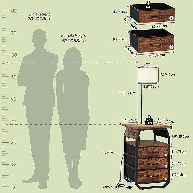 Floor Lamp with Table Set of 2, End Tables with Lamps Attached 3-Color Temperature Bulb, Side Table with Lamp with 3 Drawers & Charging, Lamps Tables Combo for Bedroom, Dorm - Rustic Brown