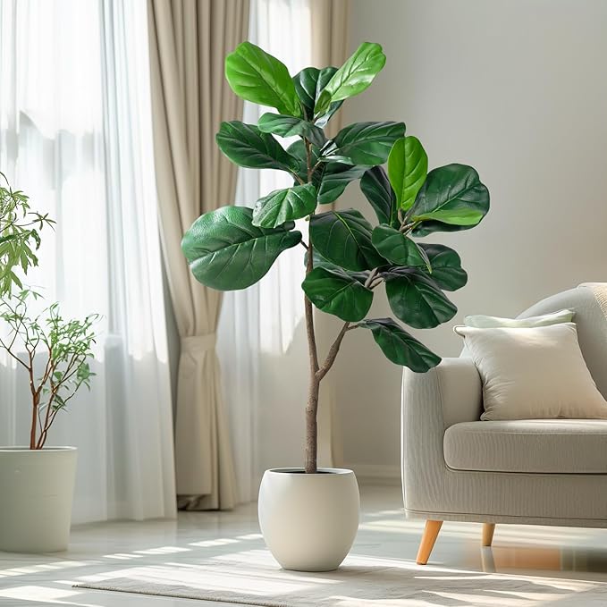 Artificial Fiddle Leaf Tree-4ft Faux Plant Fake Ficus Lyrata Tree Artificial Fig Silk Trees with Pot Floor Plants for Home Living Room Decor Indoor