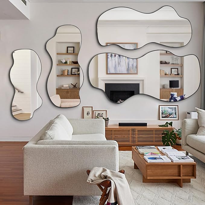 POZINO Irregular Mirror Full Length, Large Asymmetrical Wall Mirror, 63"x30" Wavy Shaped Mirrors, Modern Frameless Decorative Mirrors for Dressing Living Room Bathroom Bedroom Hallway Entryway