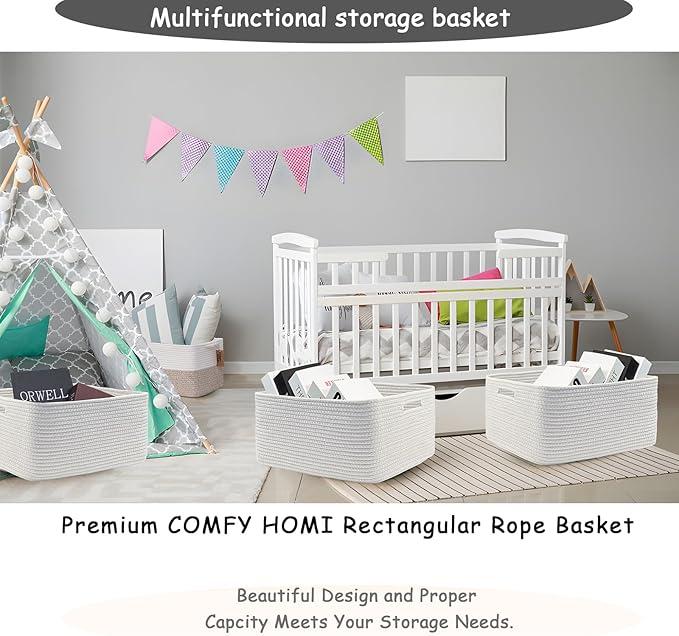 COMFY-HOMI 2 pcs Large Storage Baskets for Shelves, Laundry Basket, Woven Rope Basket, Closet Organizer Bins for Clothes Blanket Towels, Baby Nursery, Gift Toy Baskets, 17” x 13” x 7.5”-White