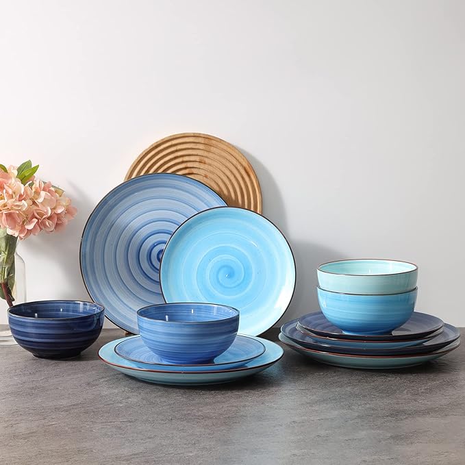 Selamica Ceramic Dinnerware Sets, 12 Pieces Plates and Bowls Sets, Scratch Resistant Dishes Set for 4, Handpainted Swirl Dishware Sets with Spray Black Dots, Dishwasher&Microwave Safe, Gradient Blue