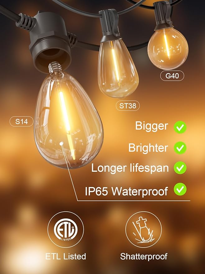 Svater LED Outdoor String Lights 100 FT, Patio Lights with Shatterproof Bulbs, Outside Hanging Light Waterproof for Porch, Deck, Garden, Backyard, Balcony, Dimmable 2700K