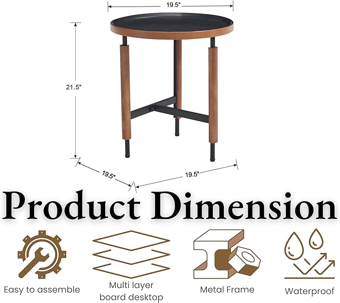 EALSON 19.5" Round Side Table Mid Cnetury Modern End Table for Couch Sofa with Black Metal Legs/Wood Top Vintage Accent Nightstand for Living Room Bedroom Small Spaces Office, Walnut