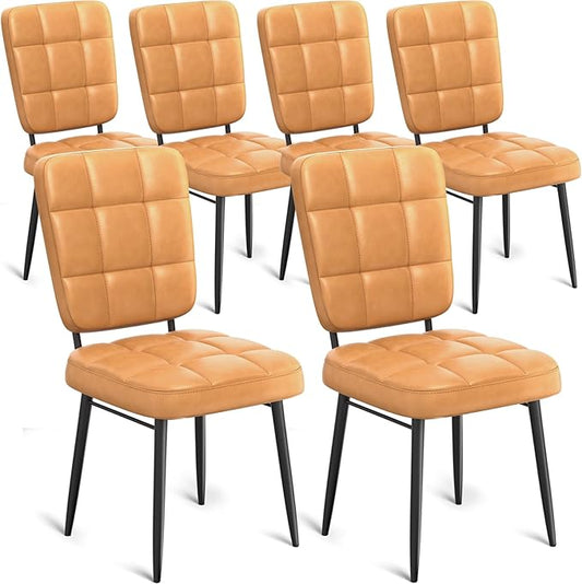 Leather Dining Chairs Set of 6, Upholstered Dining Room Kitchen Chairs with Thick Cushion, High Backrest, Metal Legs, Mid Century Modern Side Chair for Living Room Restaurant, Turmeric Brown