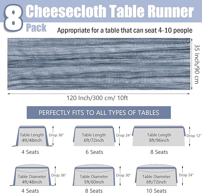 8 Pack Dusty Blue Cheesecloth Table Runner 35x120 Inches 10ft Boho Gauze Rustic Cheese Cloth Runners Long Romantic Sheer Christmas Table Runner for Wedding Bridal Baby Shower Party Decorations