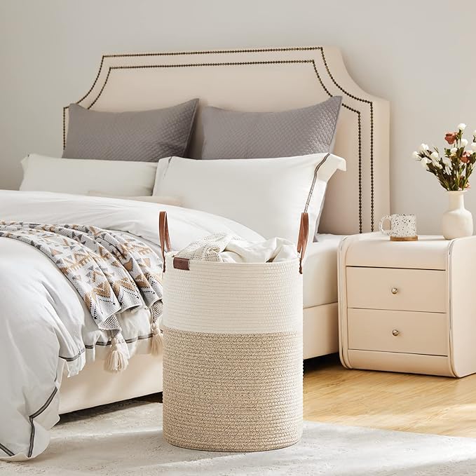 VIPOSCO Tall Laundry Basket, Large Dirty Clothes Hamper with Leather Handle, Woven Rope Storage Basket for Blanket, Toy In Living Room, Bathroom, Bedroom - 58L White & Brown