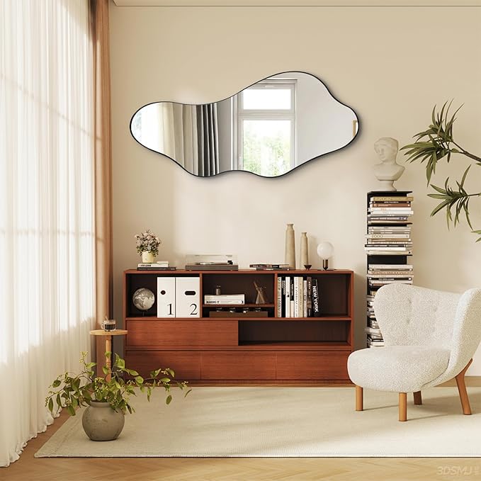 Irregular Wall Mirror, Large Asymmetrical Mirrors, 47"x22" Wavy Shaped Mirror with Metal Frame, Modern Decorative Abstract Mirrors for Living Room Bathroom Bedroom Hallway Entryway