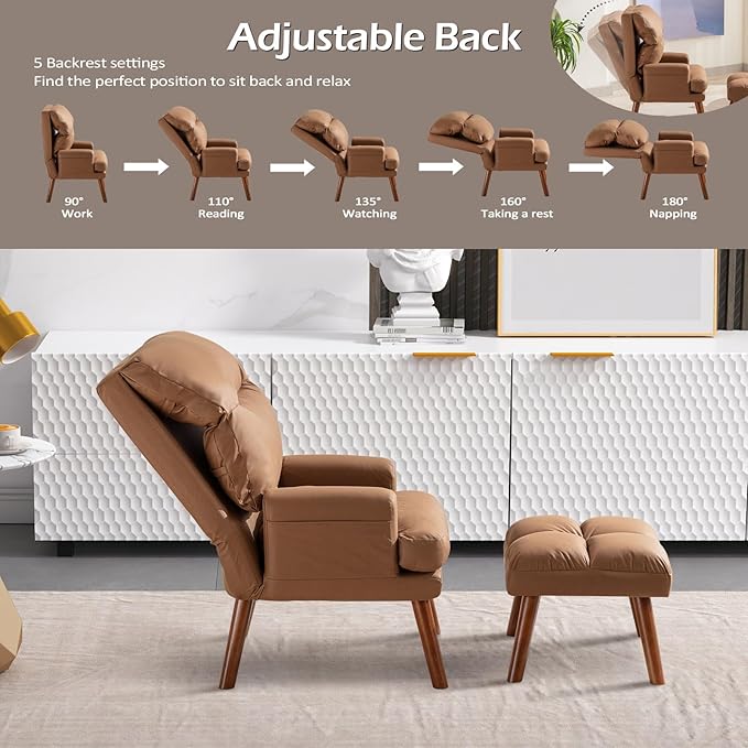 CANMOV Modern Accent Chair with Ottoman, Soft Fabric Armchair with Adjustable Backrest and Side Pockets, Comfy Lounge Chair for Living Room, Bedroom, Apartment, Office, Camel
