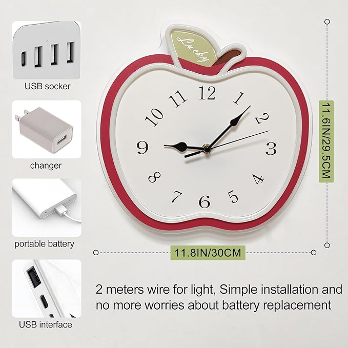 jXIN 12 Inch Apple Shaped Novelty Fun Shaped Wall Clock, 2-in-1 LED Silent Clock and Warm White Night Light, Creative Decorative Clock for Cozy Atmosphere Children's Room