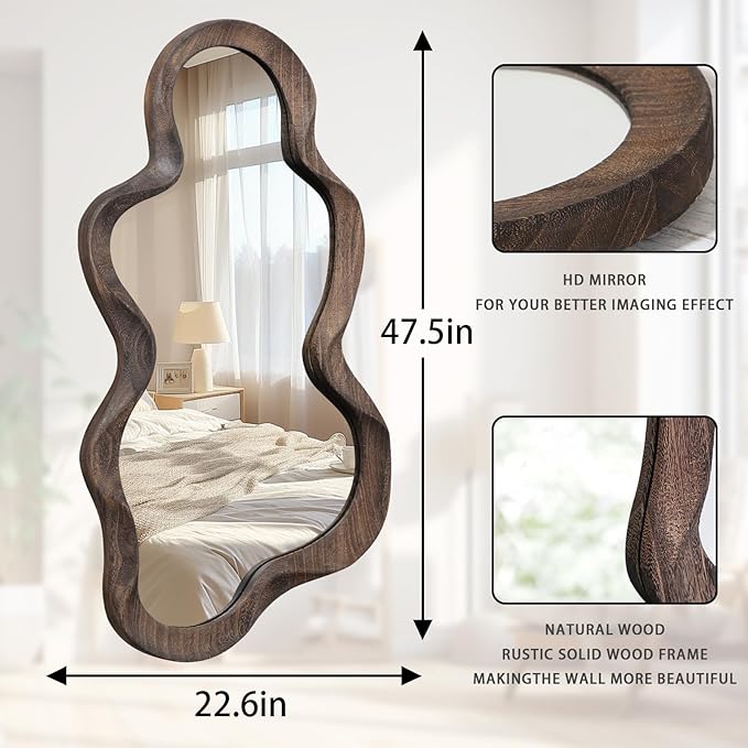 Asymmetrical Mirrors for Wall Unique Cloud Wood Frame Irregular Mirror Modern Living Room Bedroom Vanity Entryway Hallway Decorative Artistic Wall Mirror Brown