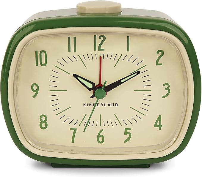 Kikkerland Retro Alarm Clock – Vintage Decor for Bedroom, Nightstand, Living Room, or Office – Battery Operated, Glow in The Dark, Decorative Analog Clock, Green