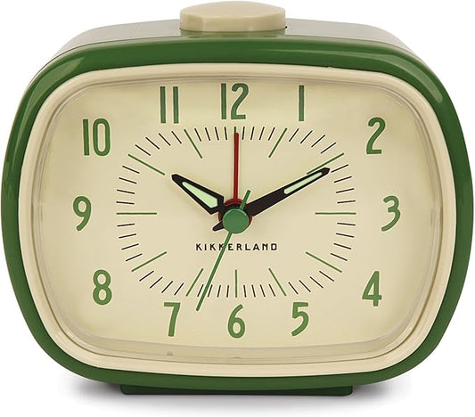 Kikkerland Retro Alarm Clock – Vintage Decor for Bedroom, Nightstand, Living Room, or Office – Battery Operated, Glow in The Dark, Decorative Analog Clock, Green