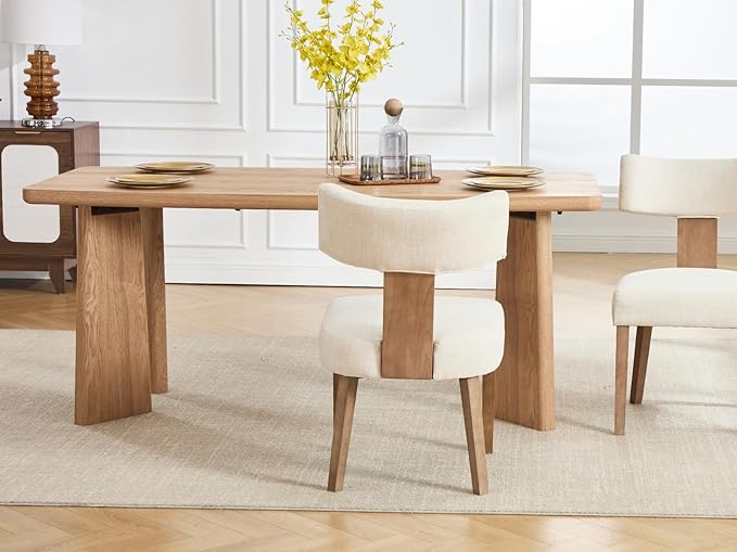 Wooden Dining Table Set of 4, Farmhouse Rectangular Dining Room Table with 4 Upholstered Beige Dining Room Chairs, Natural Frame, Modern Natural Kitchen Table and Linen Chairs Set for Home