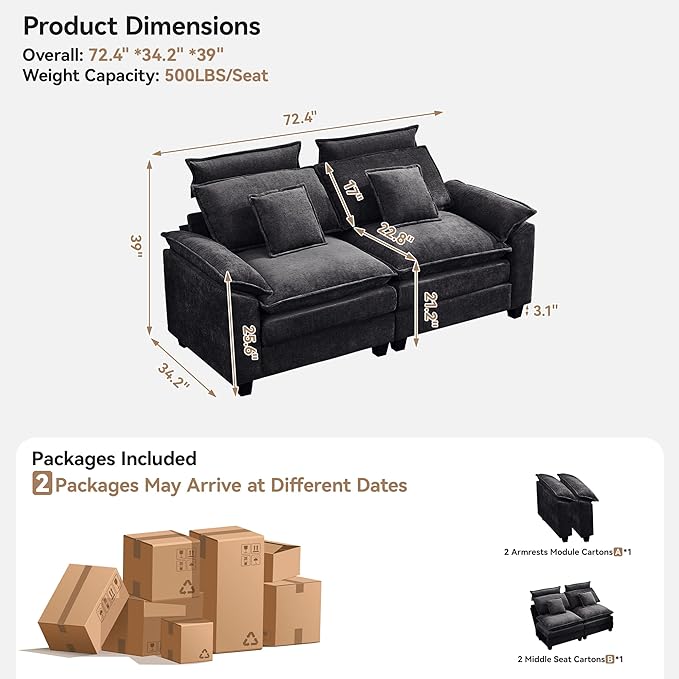 72'' Cloud Modern Loveseat Couch with Detachable Headrest, Modular Sectional Sofa Couch Deep Love Seat, Oversized 2 Seater Chenille Comfy Sofa with Armrests for Living Room, Dark Grey