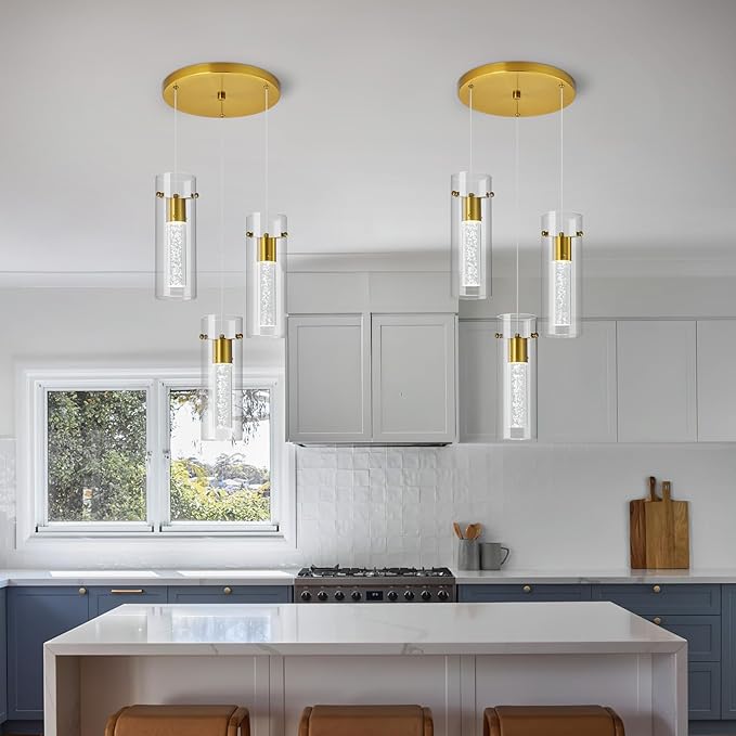 Pendant Ceiling Light Fixture for Kitchen Island, Gold Pendant Light Integrated LED Hanging Light with Crystal Bubble Glass Pendant Light Modern Pendant Lights Kitchen Island (3-Light)