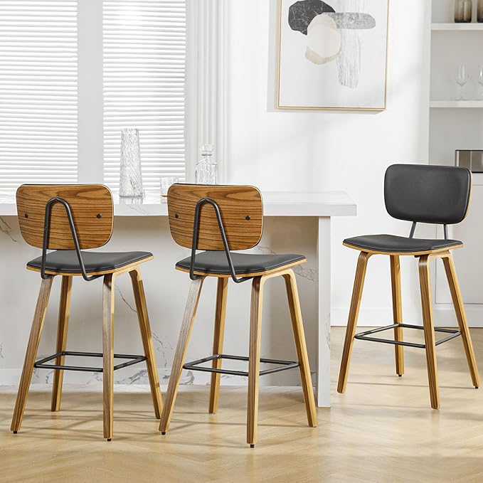 Counter Height Bar Stools Set of 3, PU Leather Upholstered Barstools with Backs, Bent Wood Legs, 26 Inch Seat Height, Mid Century Modern Counter Stools for Kitchen Island, Black