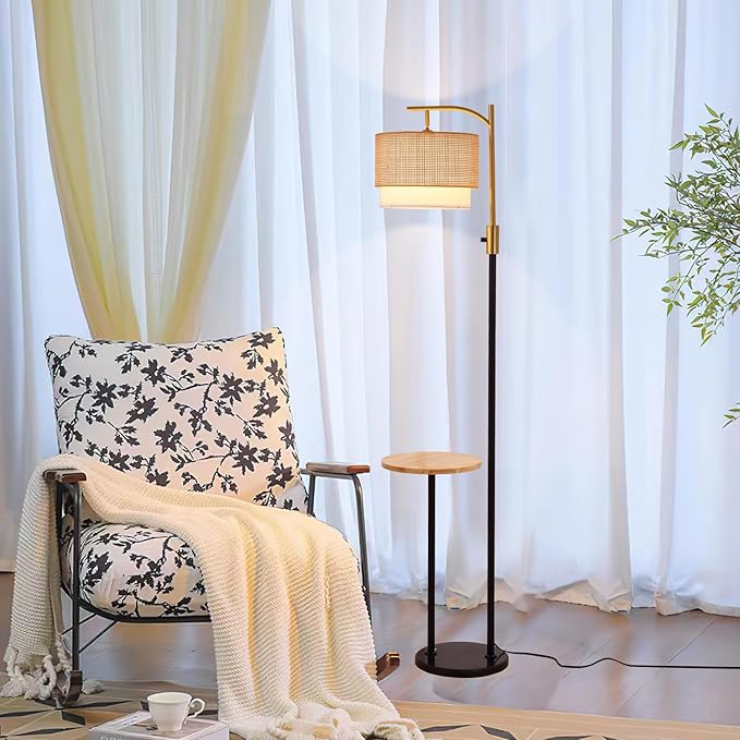 Dimmable Floor Lamp with Table and Marble Base, Arc Floor Lamp with Bulb, Boho Farmhouse Standing lamp with Fabric & Bamboo Shades for Living Room Bedroom
