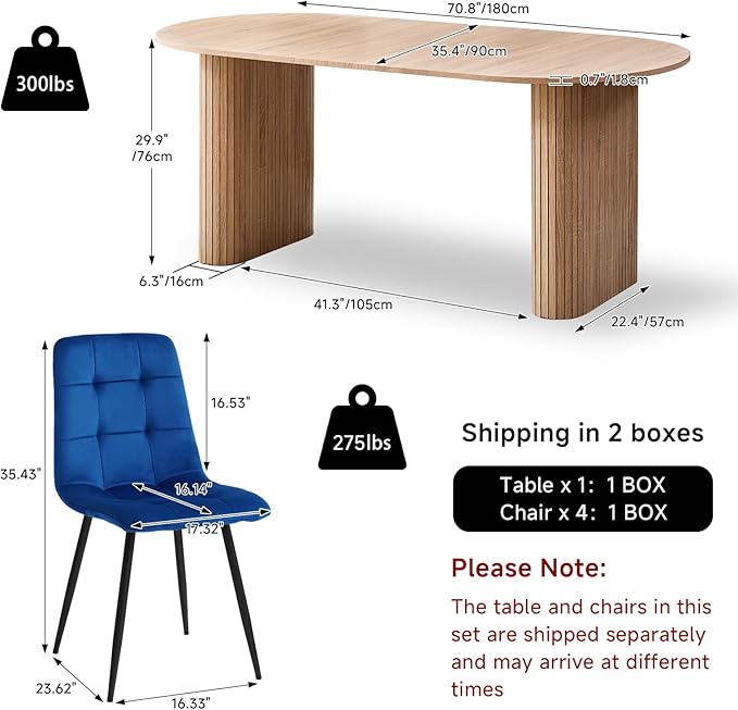 5-Piece Dining Table Set for 4 6 People with Heavy Duty Legs Dining Room Tables Set for 4 Table and Chairs for Living Room Kitchen Apartment(Natural Table with 4 Blue Chairs)