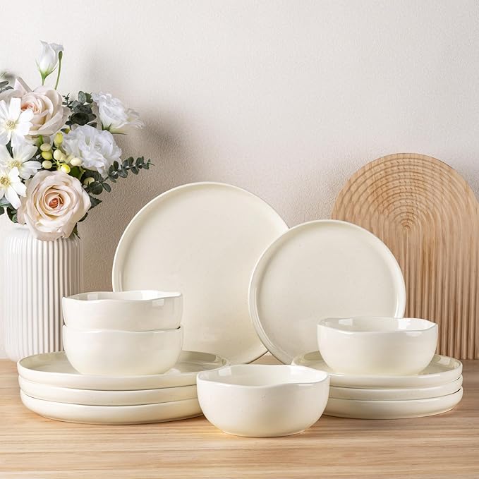 TheTerra Ceramic Dinnerware Sets for 4, 12 Pieces Porcelain Lightweight Plates and Bowls Sets, Scratch Resistant Dish Set, Oven & Microwave & Dishwasher Safe, Beige Speckled