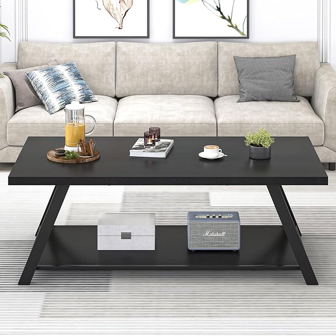 EXCEFUR Black Coffee Table, Modern Wood and Metal Center Table with Storage Shelf, Industrial Rectangle Cocktail Tea Table for Living Room, 47 Inch