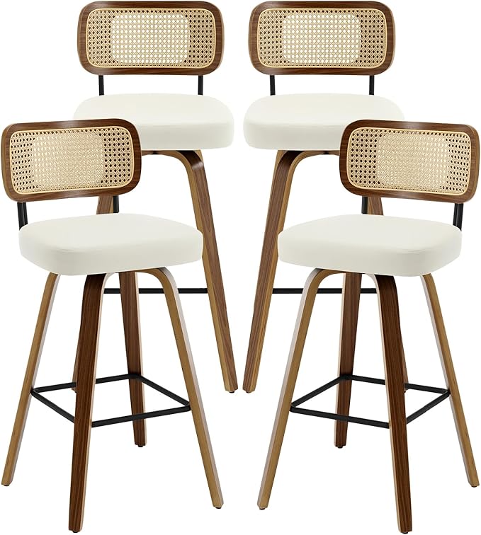 Swivel Bar Stools Set of 4, Upholstered Faux Leather Barstools with Rattan Back, 29" Seat Height Bar Chairs for Kitchen Island, Bentwood Wood Frame, Cream White