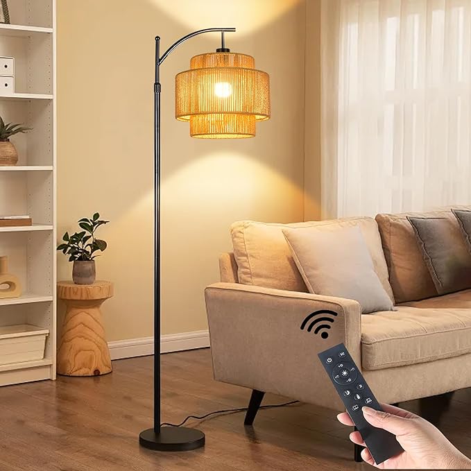 Rattan Floor Lamp for Living Room Bedroom Boho Arc Standing Lamp with Remote Dimmable Black Farmhouse Wicker Bamboo Lamp Shade Floor Light Tall Lamp Industrial Floor Lamps Bohemian Decor