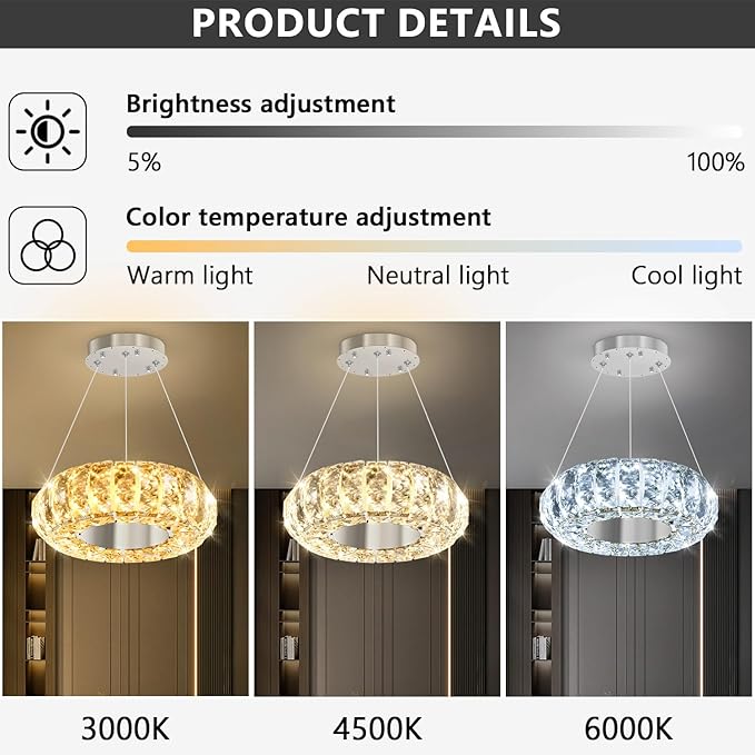 8" Ring Modern LED Dimmable Crystal Chandelier Adjustable Height Pendant Light Round Crystal Chandelier Light Fixtures for Dining Room Living Room Kitchen Island Silver