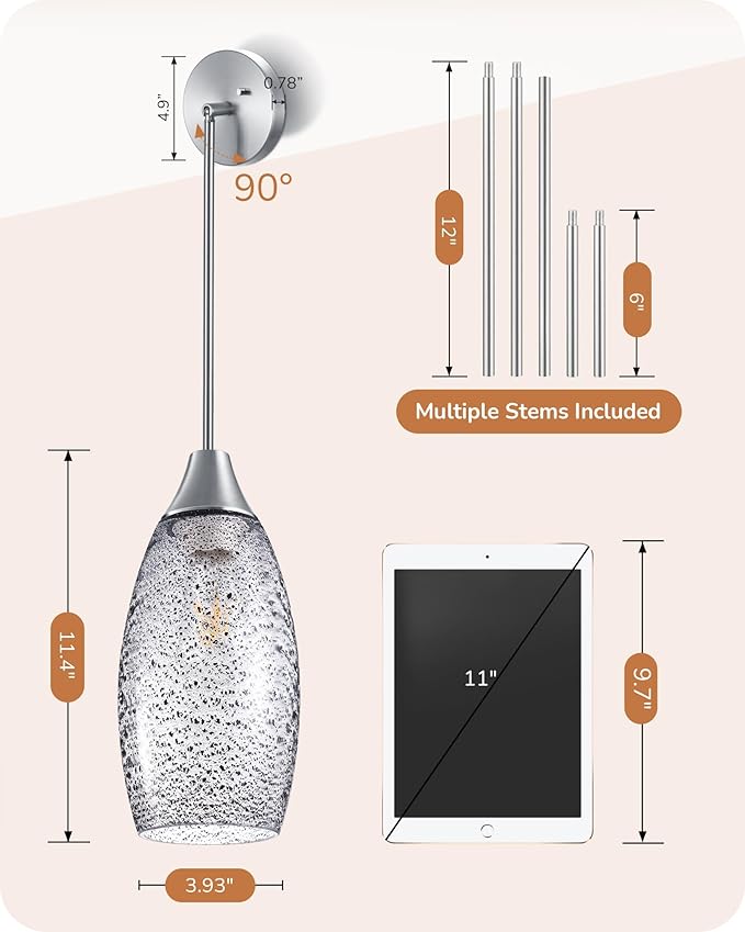 EDISHINE Pendant Light Fixture, Handcrafted Art Glass Hanging Light, Hardwired Ceiling Light with Grey Seed Glass Shade, Adjustable Brushed Nickel Rods, E26 Base, Pendant Lamp for Kitchen Bathroom Bar