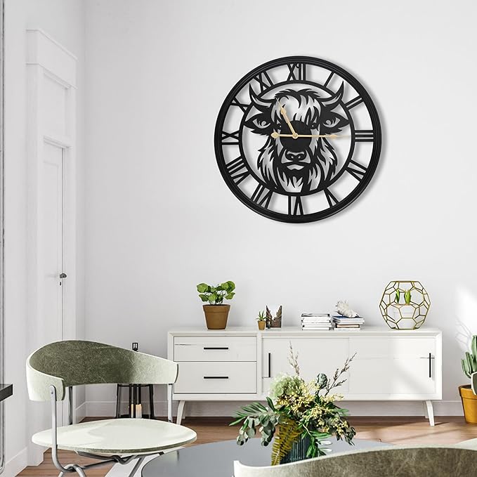 24Inch/60CM Large Wall Clocks Battery Operated, Slient, Black, Metal, Non-Ticking Wall Clock for Living Room Decor,Bedroom, Kitchen, Dining Room (Highland Bull Wall Clock, 24 Inch)