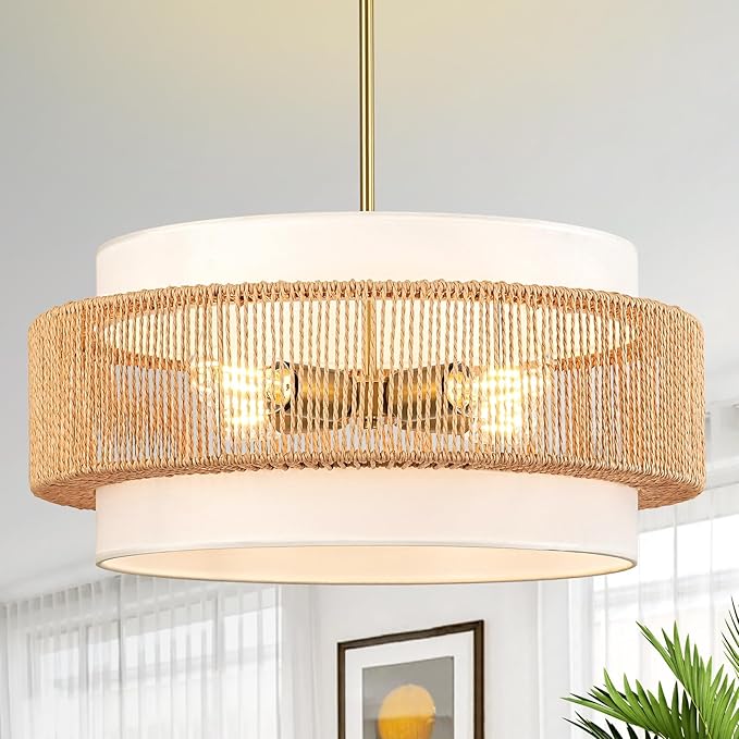 Boho Rattan Chandelier, 19.7" Large Boho Pendant Light with Fabric Lampshade, 4-Light Rattan Light Fixture Ceiling Hanging for Dining Room, Living Room, Bedroom, Kitchen Island, Hallway, Foyer