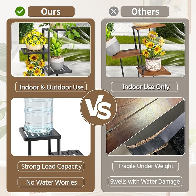 LASZOLA 6 Tier Plant Stand Indoors Outdoors for Large Heavy Duty Planter, Black Metal Tall Flower Holder Rack with Multiple Shelf for Modern Patio Corner, Vertical Organizer, Weather Resistant Bracket