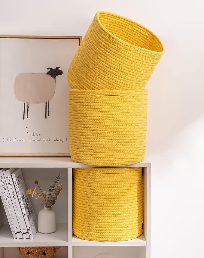 voten Round Storage Cubes Baskets Bins Organizer 11x11x11'' Fit 12x12'' Cube Storage Organizer Bookcases Shelf, Durable Woven Cotton Rope Basket, 3Pack Yellow