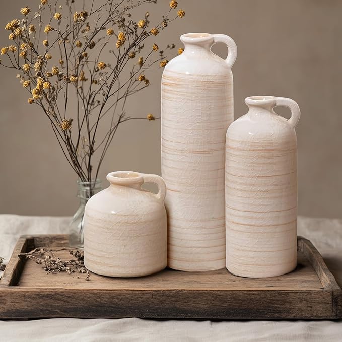 Ceramic Vase Set of 3 – Handcrafted Modern Farmhouse Decorative Vases, Neutral Pottery for Pampas Grass, Flowers, Table Centerpieces, Living Room, Mantel & Shelf Decor – Beige