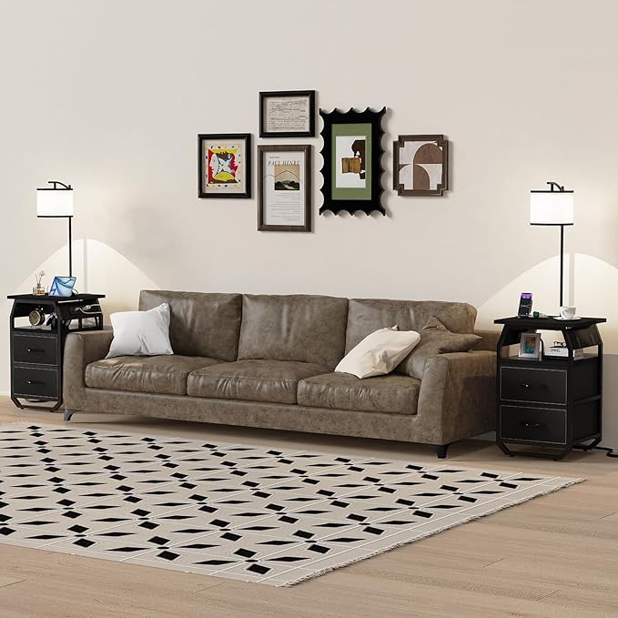 Floor Lamp with Table, End Tables with Lamps Attached 3-Color Temperature Bulb, Side Table with Lamp with 2 Drawers & Charging, Lamps Tables Combo for Bedroom, Dorm, Apartment - Black