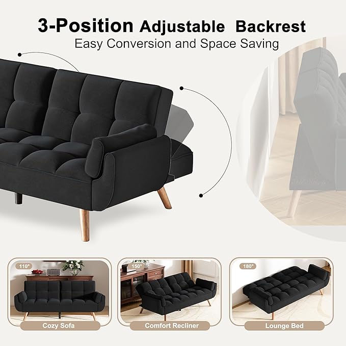 Futon Couch for Small Spaces & Apartment, 2-in-1Modern Comfy Loveseat Convertible Sofa Bed, 75.4-Inch Compact Design for Living Room, Dorms, and Studios-Black