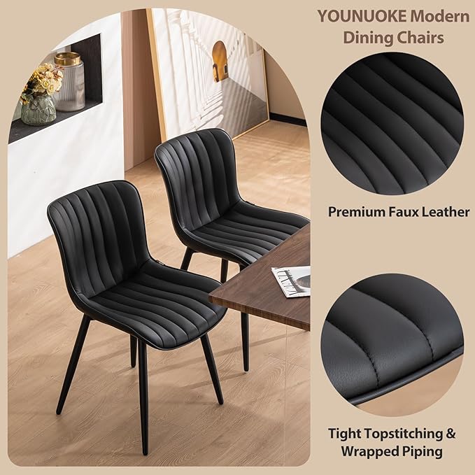 YOUNUOKE Black Dining Chairs Set of 2, Mid-Century Modern Faux Leather Upholstered Armless Kitchen Chairs, Metal Legs, 300 LBS Capability, Minimalist Accent Chair for Living Room