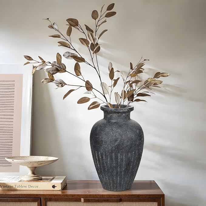 Rustic Ceramic Vase 11 Inch Farmhouse Pottery Clay Vase Distressed Flower Vases for Boho Home Decor Living Room Enterway Shelf Decor Pampas Grass - Gray