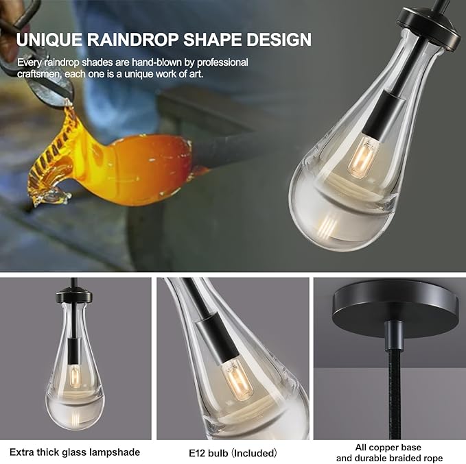 Raindrop Pendant Lights, Black Kitchen Island Pendant Lights, Teardrop Pendant Light, Interior Pendant Light in The Kitchen Island Living Room Bedroom Bathroom, Including Bulb