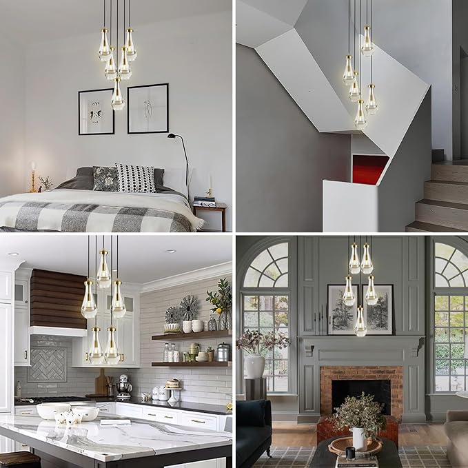 Raindrop 5 Light Cluster Pendant Light, Brass High Ceiling Chandeliers Adjustable, Living Room Pendant Light, Foyer Chandeliers, Stairwell Pendant Lights,E12 Including Bulb