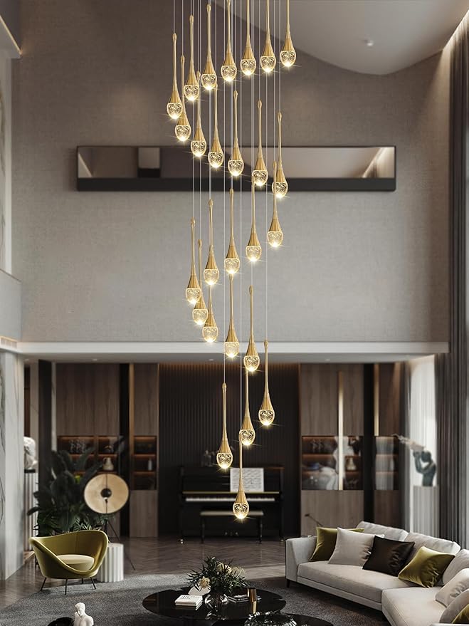 138'' Large Chandeliers for Living Room Modern Crystal Gold Chandeliers Spiral Staircase Pendant Light High Ceiling Lamp Fixture for Foyer Entrance Dimmable 2700-6000K