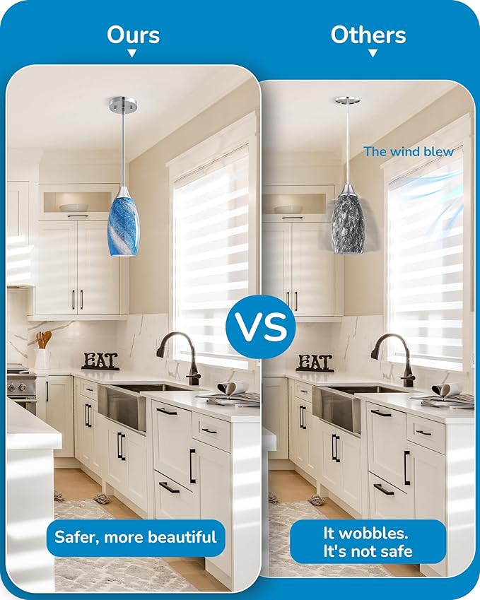 EDISHINE Pendant Light Fixtures, Handcrafted Art Glass Hanging Light with Brushed Nickel Finished, E26 Socket, Adjustable Cord Glass Pendant Light for Kitchen, Bathroom, Hallway, Bar