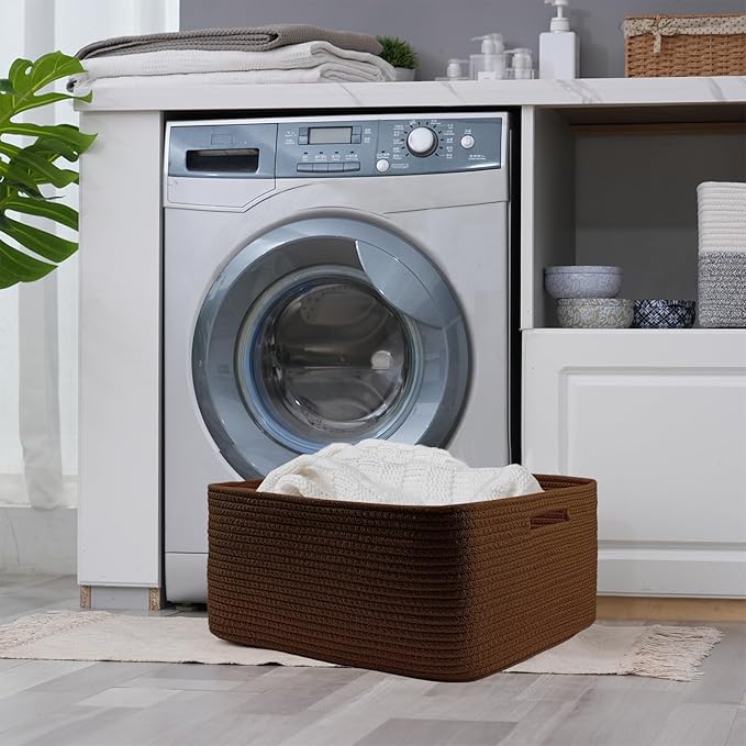 COMFY-HOMI 2 pcs Large Storage Baskets for Shelves, Laundry Basket, Woven Rope Basket, Closet Organizer Bins for Clothes Blanket Towels, Baby Nursery, Gift Toy Baskets, 17” x 13” x 7.5”-Dark Brown