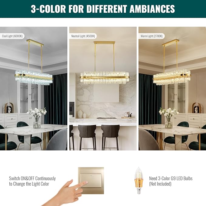 Siljoy Modern Crystal Chandelier Gold Rectangular 2-Tiers K9 Crystal Raindrop Chandelier Luxury Oval Crystal Ceiling Light Fixture for Dining Room Living Room Kitchen Bar L47'', G9 x 28