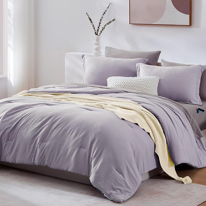 WRENSONGE Queen Comforter Set - 7 Pieces Lilac Soft Bed in a Bag Queen with Sheets, 2 Pillow Shams, and 2 Pillowcases- Warm Bedding Sets for All Season