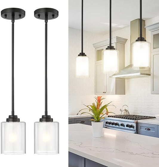 TENGXIN Modern Pendant Light, Matte Black Pendant Lights Kitchen Island,Farmhouse Pendant Lighting for Dining Room Bedroom Bar Office 2Pack,TXPLBK02-2PK