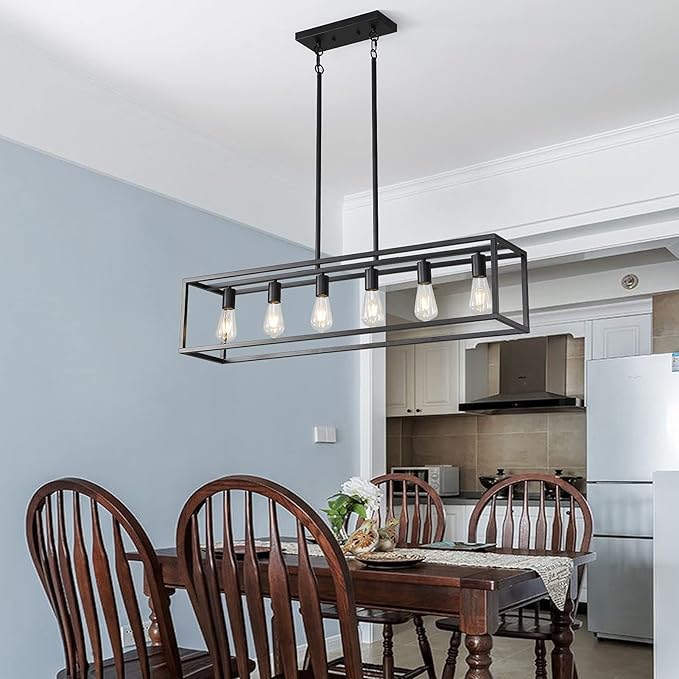 Black Farmhouse Kitchen Island Lighting, Modern Industrial Chandelier, 6-Light Linear Rectangular Pendant Light Fixtures for Farmhouse Kitchen Dining Room Bar Foyer(Metal, Height Adjustable)