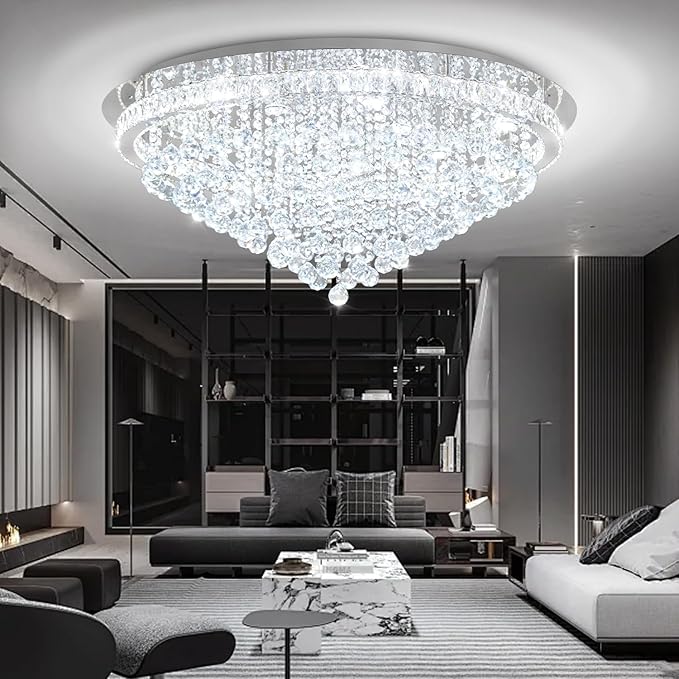 Dia 40" Modern Crystal Chandelier,Large Chandelier for Living Room Silver Flush Mount Chandeliers Crystal Ceiling Light for Dining Living Room Bedroom